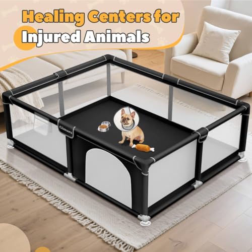 71x59x26 Inches Puppy Playpen with Gate, Dog Playpen for Puppies or Small Dogs, Sturdy Safety Dog Fence Pet Playpen with Thickened Fabric, High-Strength Nylon Wire Mesh for Indoor & Outdoor,Washable - color: Black-Extra Large