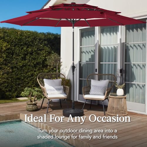 Best Choice Products 10ft 3-Tier Market Patio Umbrella, Outdoor Sun Shade with Tilt, Crank Lift, 8 Ribs for Backyard, Deck, Poolside - color: Burgundy