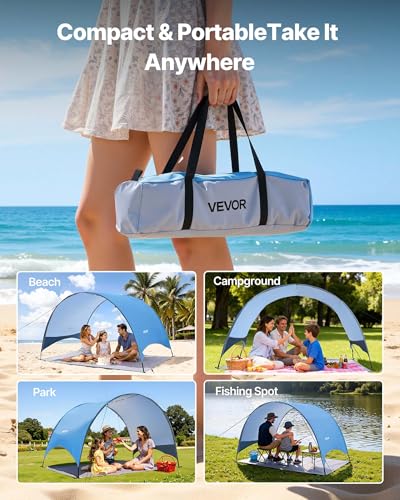 VEVOR Beach Tent Sun Shelter for 3 Person, UPF 50+, Portable Sun Shade Beach with Carrying Bag & Ground Stakes, Lightweight and Easy Setup Beach Umbrella for Camping Fishing Outdoor Picnic - size: 3 Person