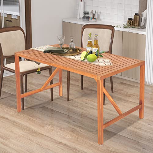 Tangkula 55" Acacia Wood Outdoor Dining Table for 4-6 Person, Rectangular Patio Dining Table with 2" Umbrella Hole and Support Bars, Indoor Outdoor Dining Furniture for Deck, Garden, Poolside & Yard - size: 55"