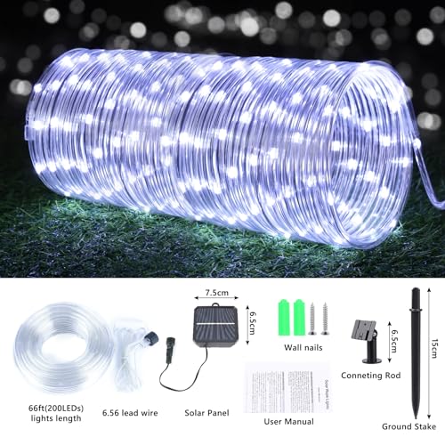Solar Rope Lights, 66ft 200LED Solar String Lights, 8 Modes Waterproof Solar Powered Outdoor Light, Flexible Clear Tube Light for Garden, Backyard, Patio, Deck, Porch, Pool, Tree Decorative - White - color: White, size: 66ft