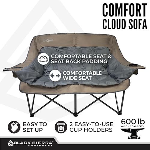 Black Sierra Double Loveseat Comfort Camping Couch, Oversized Folding Chair for Adults, 600‑lb Capacity, Plush Padded Heavy Duty Outdoor Seat with Cup Holders & Carry Bag for Beach, RV | Double loveseat - color: Brown