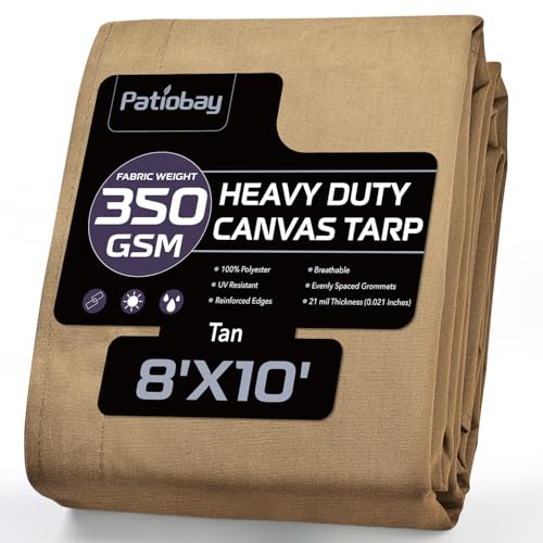 Canvas Tarp 8x10 Feet, 12 Oz Heavy Duty Water Resistant with Rustproof Grommets, UV Resistant, Multipurpose Outdoor Tarpaulin for Camping, Canopy, Woodpile, Trailer (Tan) - color: Tan, size: 8x10