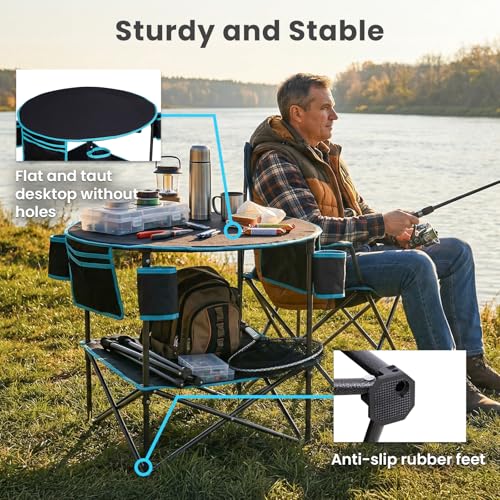 FUNDANGO All in One Tailgate Table, Portable Beach Table with Cup Holders, Camping Table Foldable with Side Pockets Carry Bag for Camp Outdoor Sand Beach Picnic Fishing Tailgating Essentials