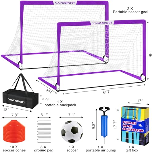 VAVOSPORT Soccer Goal, 2 of 6'x4' Kids Soccer Goals for Backyard Set, Portable Pop Up Soccer Net, Practice Soccer Training Equipment with Ball, Cones for Toddler,Youth Sports Outdoor Games Yard Play - color: Purple