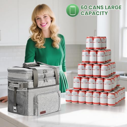 MIYCOO Cooler Bag Double Deck - 60 Can Leakproof Insulated Portable Soft Lunch Cooler, Extra Large Expandable Ice Chest Cooler for Beach, Picnic, Camping, Shopping - color: Gray, size: 30l