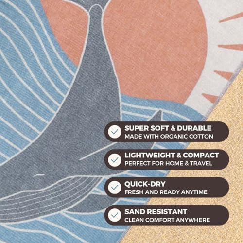 FESHKA Sand Free Turkish Beach Towel (37 x 67) Quick Dry Bath Towel, Oversized Beach Blanket, Lightweight for Travel - Made with 100% Organic Turkish Cotton - Happy Whale - color: 11 - Blue/Orange