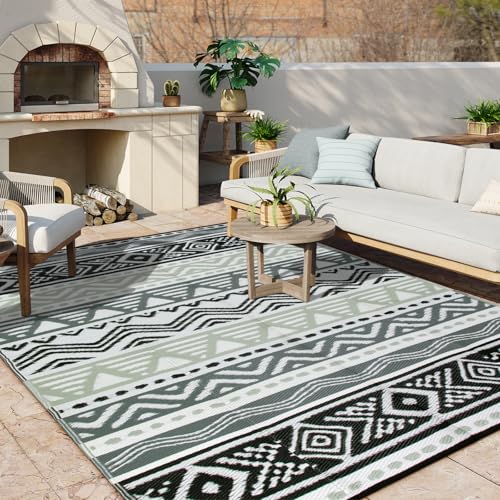 Lahome Outdoor Rug Waterproof, 6x9 Reversible Outdoor Plastic Straw Rug for Camping, RV Patio Rugs Large Carpet for Porch Deck Backyard Balcony Picnic(Grey/Black,6'x 9') - color: Black/Grey, size: 6'x9'
