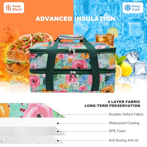 Double Decker Insulated Casserole Carrier, Expandable Thermal Food Warmer Bag Fits 9x13 Dish, Leak-Proof Potluck Lasagna Holder with Utensil Pocket for Picnic Party Cookout (Green Floral) - color: Green Floral