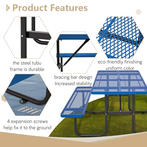 72 Inch Commercial Outdoor Picnic Table, Heavy Duty Rectangle Steel Patio Furniture Set with Bench Seats & Umbrella Hole, Weather Resistant Mesh Metal Dining Table for Backyard, Lawn, BBQ, Garden,Blue - color: Blue