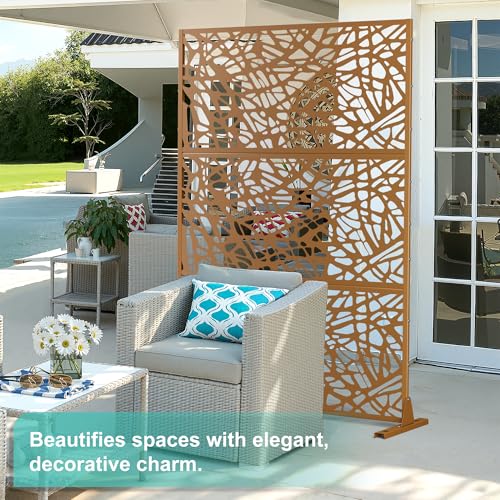 Modern Metal Privacy Screen, Patio Outdoor Privacy Panels with Stand, Freestanding Outdoor Divider for Yard, Deck＆Garden(71.3"*47.3"*15.7") - color: Brown,Leaf Vein
