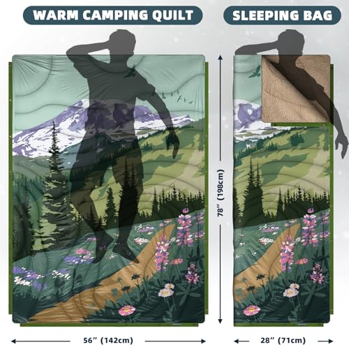 Outdoor Camping Blanket with Sherpa Lining, Extra Warm Thick Camp Blankets and Puffy Ultralight Soft Poncho DWR Camping Quilt for Cold Weather, Adventure, Sleeping, Backpacking 78"x 56" - color: Aden Green, size: 78 x 56 inches