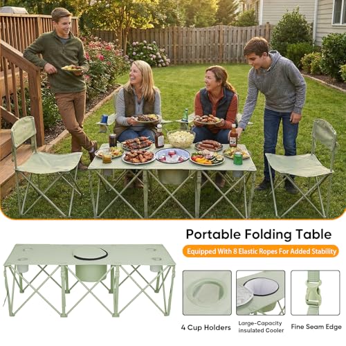 5 Pcs Camping Chair and Folding Camping Table Set, Outdoor Folding Picnic Chairs Lawn Portable Camp Table with Cooler Bag & Cup Holder for Camping, Fishing, Sporting Events, Support 500lbs, Green - color: Green