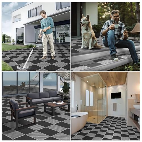 16 PCS Modular Interlocking Cushion Interlocking Floor Tiles with Hole Drainage Mat 10" x 10" Non Slip Pool Deck Mat Outdoor for Drain Deck Pool Patio Shower Kitchen Balcony (Black&Grey) - color: Black&grey
