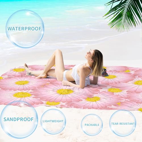 Beach Blanket Waterproof Sandproof 78''×81'' Large Suits 1-5 Adults Oversized Lightweight Picnic Mat Sand-Free Blanket for Camping Hiking Beach Travel - color: Pink Daisy, size: 78''x81''