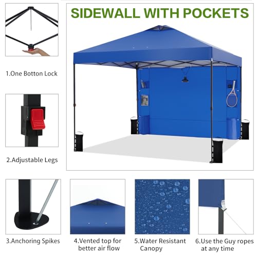 Tunbne 10'x10' Pop Up Canopy Tent with 1 Sidewall and 6 Pockets, One Push Setup, Instant Shade Tent with Vented Roof for Beach Patio Outdoor, Case, 8 Stakes, 4 Ropes, 4 Sandbags (Royal Navy, 10x10) - color: Royal Navy, size: 10x10