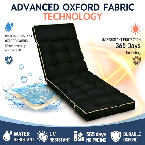 MAGIC ELEPHANT Chaise Lounge Cushion Outdoor, Memory Foam Patio Lounge Chair Cushion with Ties for Indoor Outdoor Furniture, Waterproof Replacement Long Chair Cushion (Black) - color: Black