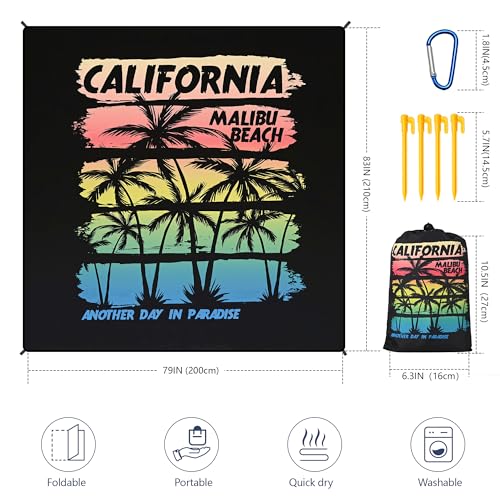 HIHOHO Beach Blanket Waterproof Sandproof Extra Large Beach Mat 79" X 83"/120"x108"for 1-8 Adults Quick Drying Durable Outdoor Picnic Mat for Beach Travel Camping Hiking - color: Coconut Tree - Rainbow - California, size: 79" X 83"（1~3 person）