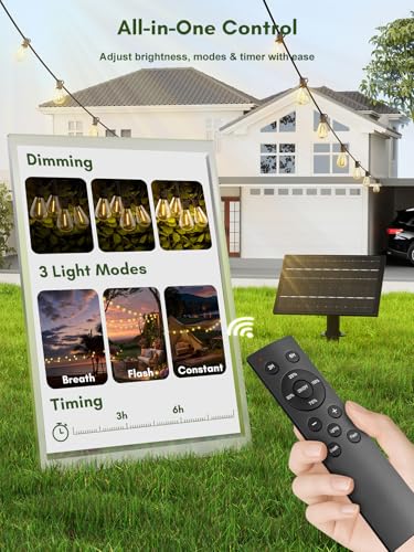 100FT Solar String Lights Outdoor Waterproof, 35+1 LED Solar Powered Lights with Remote Control, 3 Light Modes & Dimmable, USB-C Charging for Patio, Backyard, Garden, Camping - size: 100FT