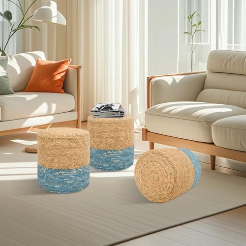 16'' Round Ottoman Natural Seagrass Braided Poof Hand Weaving Round Ottomans Boho Footrest Stool for Home Living Room Bedroom Patio(Natural&Blue) - color: Natural&blue