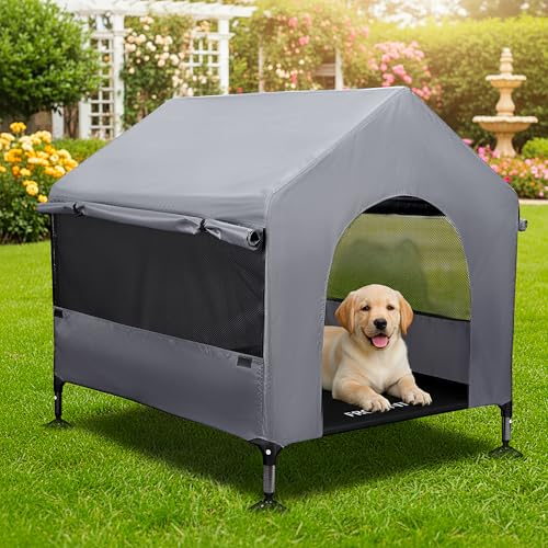 36" Dog House Outdoor Indoor with Breathable Mesh Windows, 2-in-1 Outside Dog House Elevated Dog Bed Cot Dog Tent Shade Shelter, Easy to Assemble & Clean (36 INCH) - size: 36 INCH