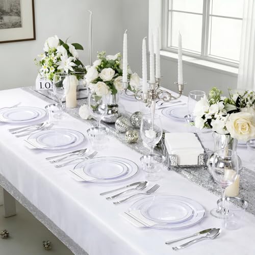 GATHER 176 Pieces Silver Plates - Disposable Silver Plastic Plates Includes 50 Plates, 75 Silverware, 25 Napkins, 25 Silver Rimmed Cups and 1 Tablecloth Perfect for Party & Weding - color: Silver, size: 25 Guests