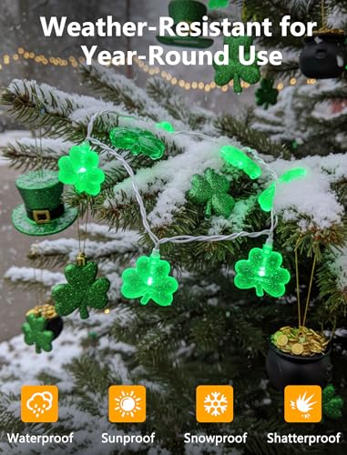 8.5Ft Shamrock String Lights Outdoor, St Patricks Day Decorations Lights with 10 LED Green Clover Lights, Plug in Shamrock Fairy Light for Window Patio Garden Party Irish St. Patricks Day, White Wire - color: Clear Green,Solid Green