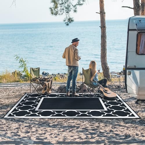 GENIMO 8 ' x 10 ' Outdoor Rug for Patio Clearance, Waterproof Indoor Outdoor Plastic Straw Rugs Carpet, Reversible Outside Area Rv Mat for Camping, Balcony Porch, Deck, Picnic, Beach (Black & White) - color: Black&white, size: 8' x 10' (Rectangular)