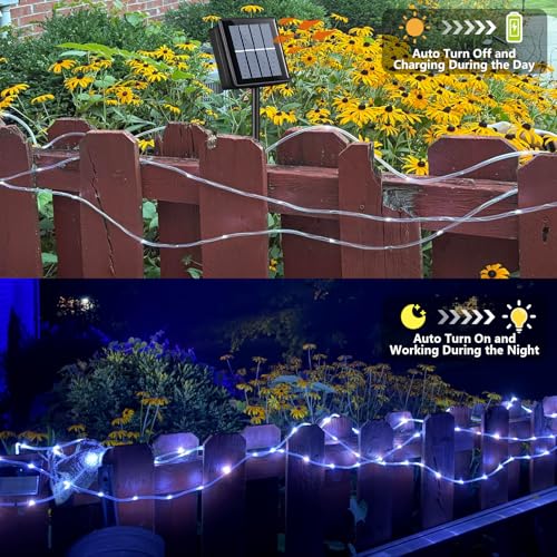 YEGUO Solar Rope Lights Outdoor Waterproof, 66ft 200 LED White String Lights, 8 Modes Fairy Lights in Clear Thin Tube - color: White