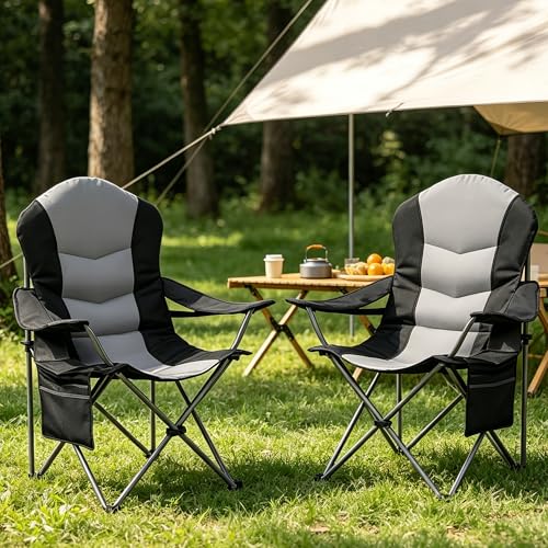 2 Pack Folding Camping Chairs for Adults - High Back Padded Outdoor Lawn Chairs with Lumbar Support & Cup Holder, 400lbs Heavy Duty Portable Camping Chairs Set (Black & Gray, 2 Pack) - color: Black & Gray, size: 2 pack