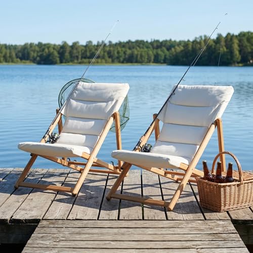 Folding Lounge Chairs Outdoor, Patio Chairs with Cushions, 3-Position Adjustable Patio Lounge Chairs Set of 2, No Assembly Required Eucalyptus Patio Recliners for Pool/Deck/Balcony, Beige - color: Beige, size: 2 PCS