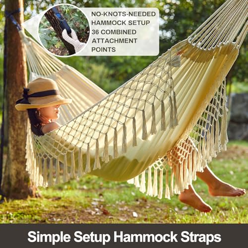 CHULIM Brazilian Double Hammock with Tree Straps,Extra Large 94x63IN,2 Persons Hammock for Backyard Patio Outdoor Indoor,450lbs Weight Capacity,Soft Woven Cotton Fabric - Natrual White with Tassels - color: Natrual White With Tassels