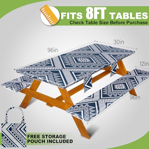 Fitted Picnic Table Cover with Bench Covers Waterproof Elastic Edges Rectangle Patio Tablecloth Outdoor Camping Essentials Stuff Rv Accessories Summer Trip Travel Camper Gifts for Woman Men, 96in 8 ft - color: Blue Diamond, size: 96in