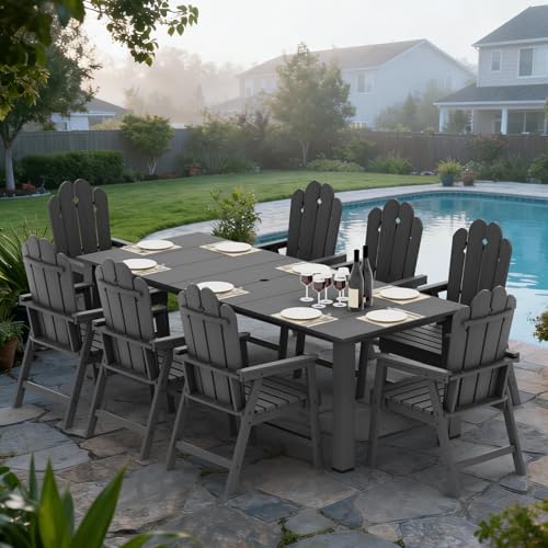 9-Piece Patio Dining Set, Outdoor Dining Set for 8, Large HDPE All-Weather Outdoor Furniture with 89.57” Umbrella Hole Table, 8 Armchairs, Gray - color: Grey, size: 8 Armchairs