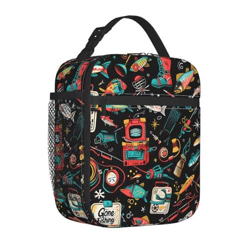 Reusable Fishing Gear Pattern Lunch Box for Kids Girls Boys Women Adult, Insulated Fun Lunch Bag,Polyester Cooler Handbags Case for School Picnic Work Travel Outdoor Beach or Hiking - color: Fishing 01