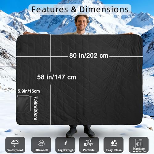 Large Waterproof Outdoor Camping Blanket, 80 x 58 inch Fleece Picnic Blankets Windproof Travel Stadium Blanket for Beaches Pets Car Camp Picnic Mat for Both Cold & Warm Weather - color: Black