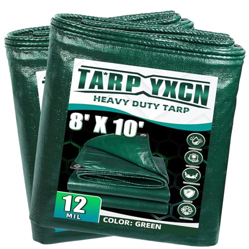 Green Heavy Duty Tarp 8x10 Feet -2Pack, 12 Mil Thick Waterproof Poly Tarps Cover UV Resistant, Rip & Tear Proof with Metal Grommets Every 20 Inche - color: Green, size: 8x10 Ft-2pack