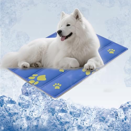 Cooling Dog Bed, Premium Pet Cooling Mat Waterproof & Scratch-Resistant, Non-Slip Summer Essential for Dogs Cats, Foldable Cooling Pad for Indoor Outdoor Travel(Large 23.6''*35.4'') - color: Dark Blue Paw, size: 35.4''*23.6'' Large