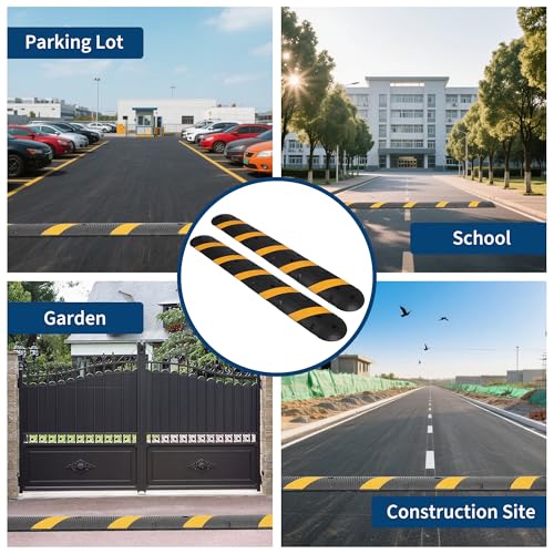 6FT (72") Rubber Speed Bump, 2-Channel Cable Protector Ramp, 1 Set (1 Bump + 2 End Caps), Heavy Duty Industrial Grade for Driveway, Parking Lot, Road