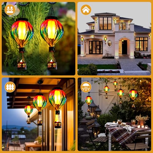 Hot Air Balloon Hanging Solar Lantern Outdoor Waterproof with Flickering Flame Gifts for Women Grandma Mom Glass Hanging Solar Lights Decorative for Outside Wall Front Porch Yard Garden Fence - color: Pink & Blue