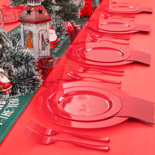 Gather 176 Pieces Red Plastic Plates- Red Heavy Duty Disposable Plates Dinnerware 50Plates, 75 Plastic Silverware, 25 Napkins, 25 Cups Bonus 1 Red Plastic Tablecloth for Party& Wedding &Mother's Day - color: Red, size: 25 Guests