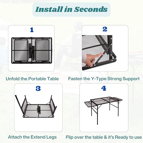 Folding Table w/ Carry Bag, Paper Towel Holder, Garbage Holder, Wing Panels, 3x2 FT Foldable Table for Portable Grill, Picnic, Outdoor, Beach, Small Folding Table Adjustable Height,Camping Table, BBQ