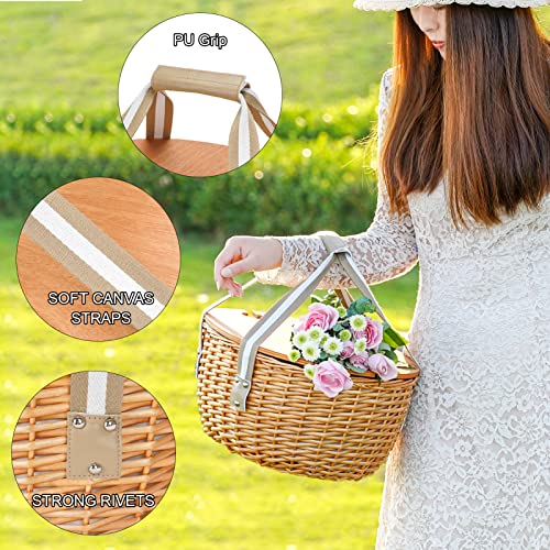 Wicker Picnic Basket for 2 with Large Insulated Cooler Compartment and Folding Table, Cutlery Service Kits, Willow Hamper Set with Woven Handles for Camping, Outdoor, Party(Beige)