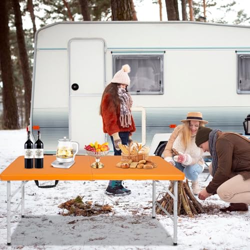 Portable Plastic Folding Table 4ft/6ft/8ft Heavy Duty White-Orange Picnic Dining Table Fold-in-Half for Camp Party Kitchen Indoor Outdoor - color: Orang, size: 4FT, style: Flat Desktop