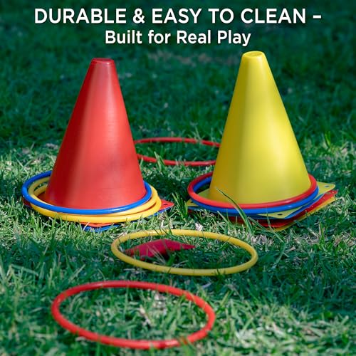 Ring Toss Game, Obstacle Course for Kids 3-5 & Birthday Party Games, Carnival Bean Bags for Tossing Gross Motor Toys for Toddlers 3-5, 12 Rings & 12 Bean Bags, 6 Cones for Kids, PE Equipment