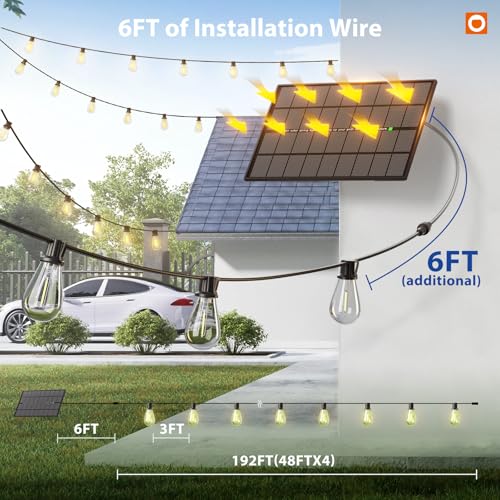 addlon 198FT(192+6) Solar String Lights Outdoor Waterproof 6W Panel with USB Port & Remote Control Solar Powered Patio Lights for Outside with 68 LED Dimmable Bulbs for Porch Garden Deck Halloween - size: 192+6FT(64 Sockets)