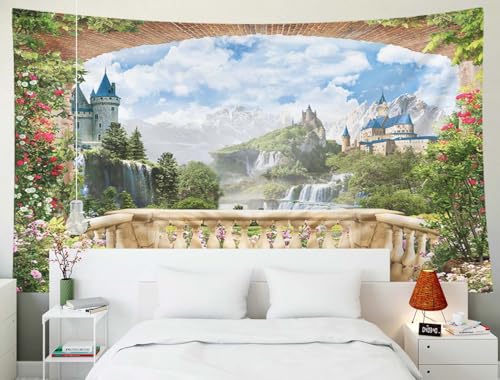 EMMTEEY Waterfall Tapestry - Colorful View from Balcony of Waterfalls With Castles - Dorm Wall Art 80X60 - Present for Families - color: Balcony Scenic, size: 80"L x 60"W