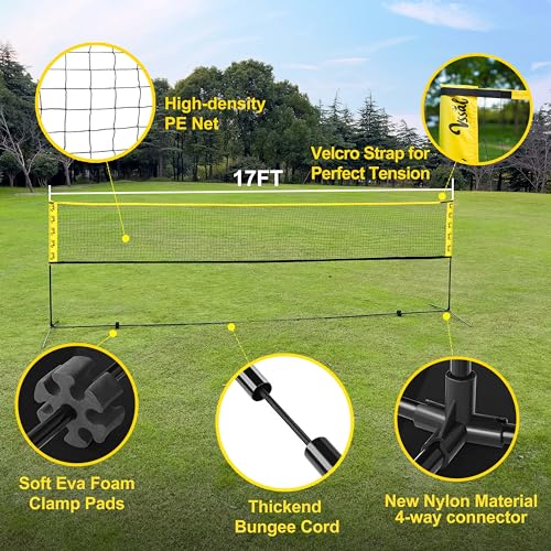 3-in-1 Portable Badminton, Volleyball & Pickleball Net Set for Adults, Adjustable Height 34"–7 ft for Backyards or Beach, Outdoor Sports Combo with Carry Bag, Rackets, Paddles & Balls - style: 17 ft wide Net