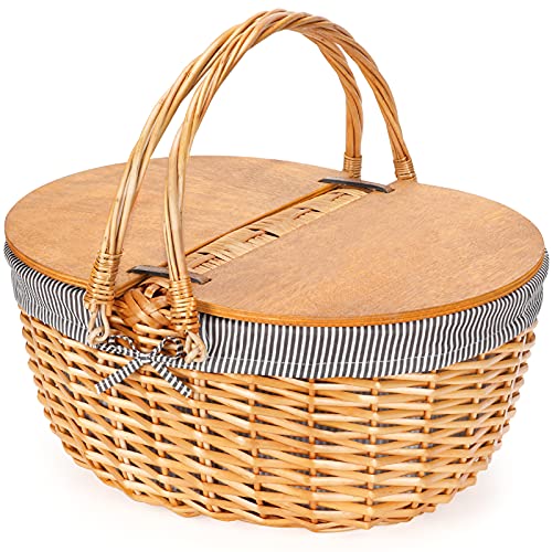Wicker Picnic Basket with Liner, Wooden Split Lid Picnic Basket, Vintage-Style Picnic Hamper with Folding Woven Handle for Picnic, Camping, Outdoor, Valentine Day, Thanks Giving, Birthday (Grey) - color: Grey Stripe W/Liner