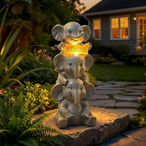 Lyeasw Solar Elephant Garden Statue with Lighted Welcome Sign, Outdoor Decor for Patio Porch Yard, Cute Elephant Family Figurine for Garden, Gift for Mom Grandma Garden Lovers - color: A Family of Three Elephants
